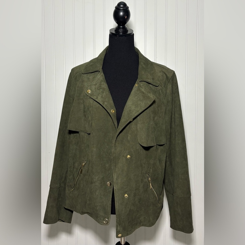 Chico’s 3 Faux Suede Moto Jacket Green Size XL Asymmetrical Edgy Indie Gorpcore